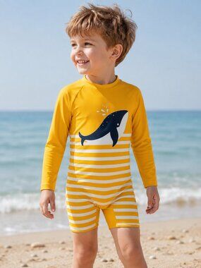 Kids Yellow Whale Beach Rash Guard Swimsuit UPF Swim Romper Size 110